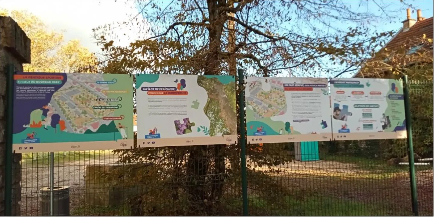 Panneaux présentant le projet de rénovation du parc urbain de la Maladière